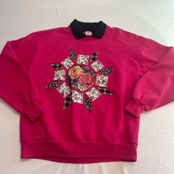 Jerzees Vintage 90s Granny Core Cottage Core Quilt Sweatshirt Size Large - Picture 1 of 9